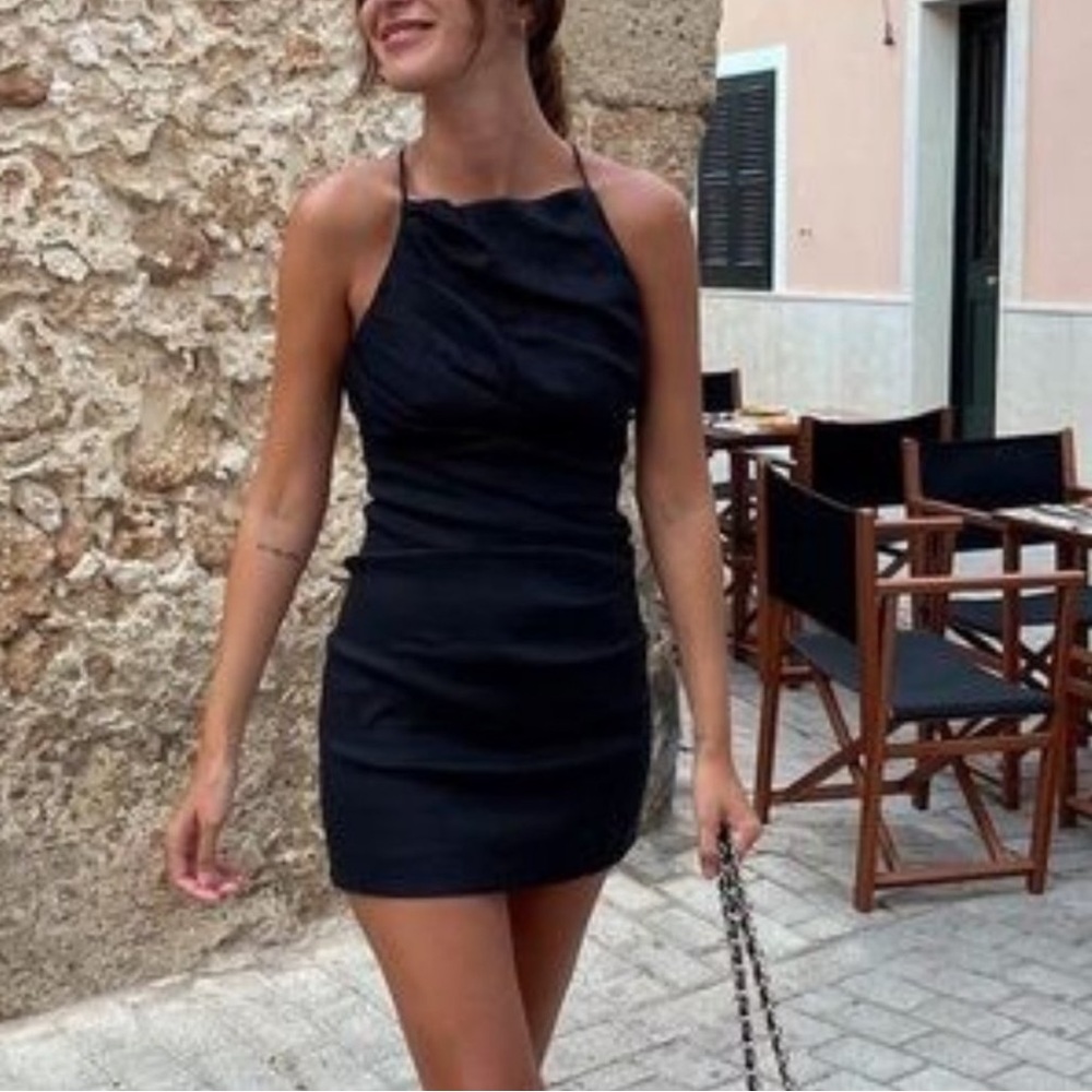 Zara Black Linen Draped Strappy Mini Dress LBD